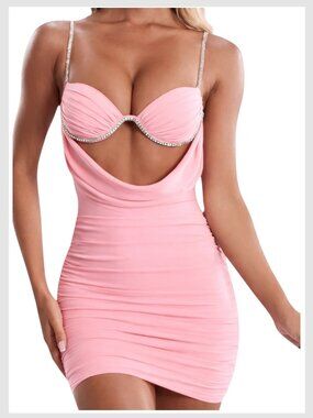 Oh Polly Elza Mini Dress Blush  Pink Cowl Neck Cut Out Bodycon S